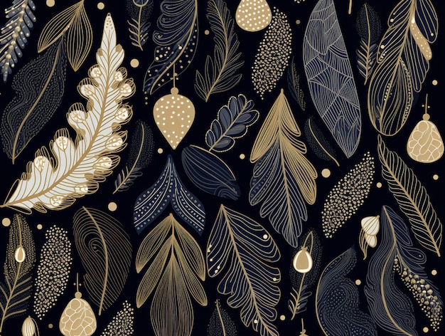 Een close-up van een zwart en goud patroon met veren generatieve ai