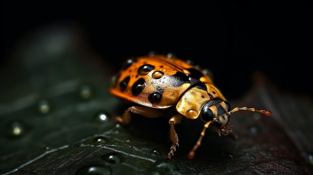 Een close-up van een zwart-oranje insect met zwarte stippen op zijn vleugels.