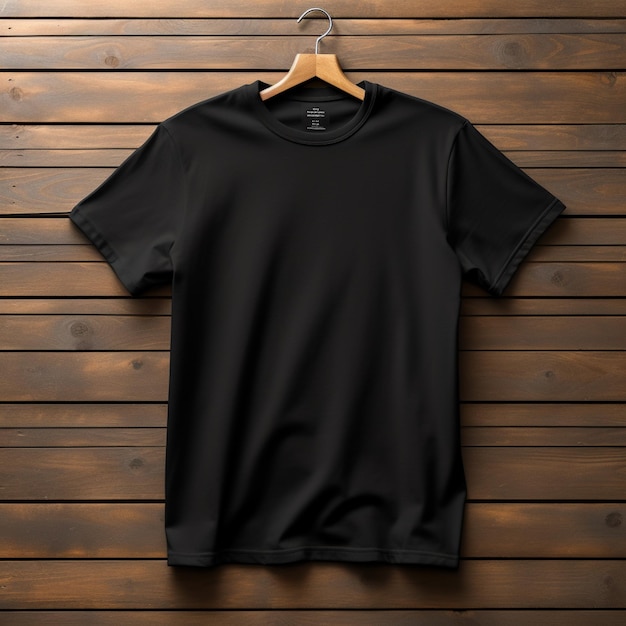 een close-up van een zwart t-shirt dat op een houten muur hangt