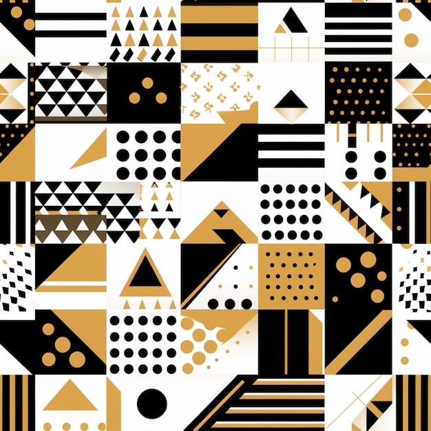 een close-up van een zwart-wit geometrisch patroon met gouden accenten generatieve ai