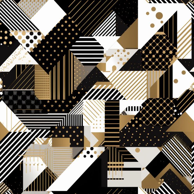 een close-up van een zwart-wit geometrisch patroon met gouden punten generatieve ai