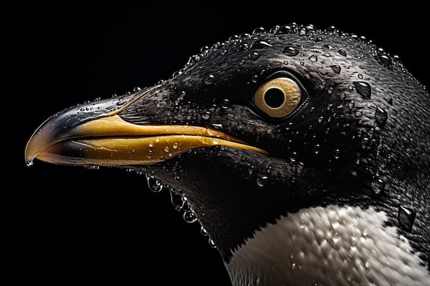 een close-up van een zwart-witte pinguïn met waterdruppels op zijn snavel