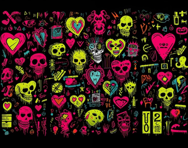 een close-up van een zwarte achtergrond met neon gekleurde schedels en harten generatieve ai
