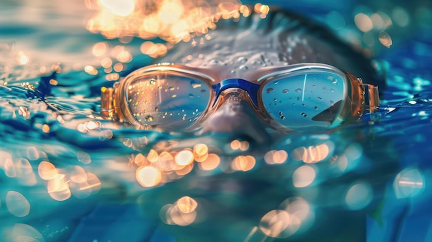 Een close-up van een zwemmersbril die het glinsterende water reflecteert