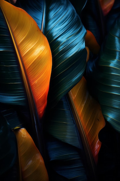 een close-up van enkele kleurrijke bladeren op een donkere achtergrond