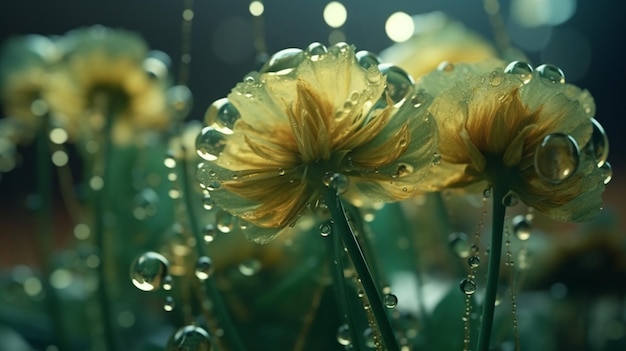 Een close-up van gele bloemen met waterdruppeltjes erop