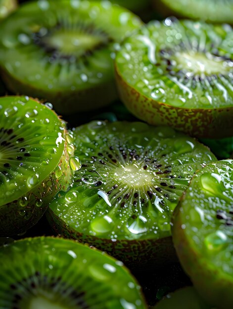 Foto een close-up van gesneden kiwi's met waterdruppels erop