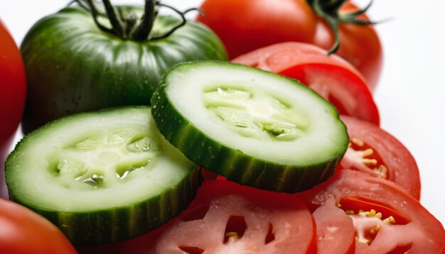 Een close-up van gesneden tomaten en komkommers