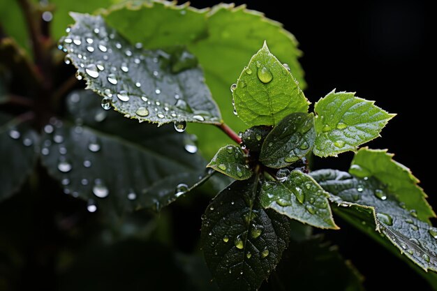 Een close-up van groene bladeren met waterdruppeltjes erop