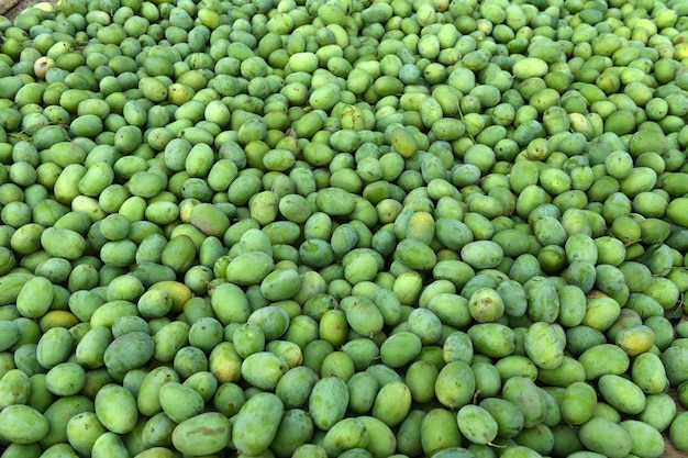 Een close-up van groene mango's bij het oogsten van mango's op de fruitmarkt in Pakistan