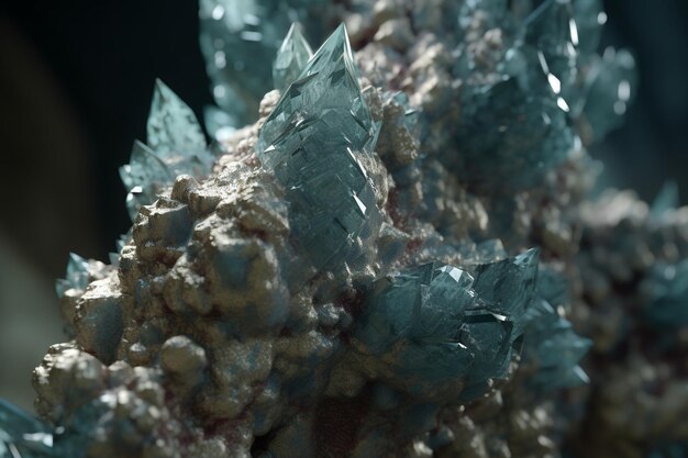 Een close-up van grote blauwe kristallen met het woord mineraal erop