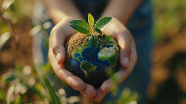 Een close-up van handen die de planeet aarde vasthouden met een groeiende plant erop die de essentie van de Aardedag belichaamt
