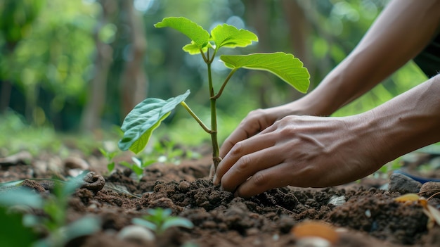 Een close-up van handen die een boompje planten