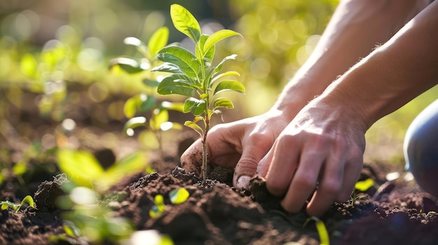 Een close-up van handen die een boompje planten