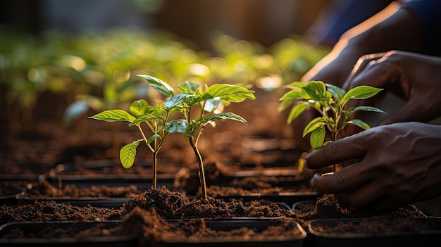 Een close-up van handen die jong boompje planten