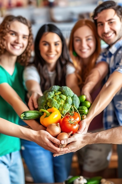 Een close-up van handen die levendige biologische groenten vasthouden om gezonde eetgewoonten en duurzaamheid te tonen
