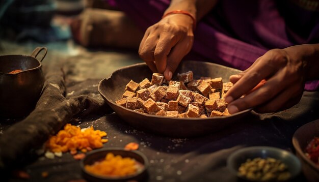 een close-up van handen die traditionele Makar Sankranti snoepjes maken zoals tilgul en chikki