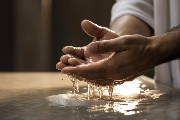 Een close-up van handen die zich wassen voor het gebed 00070 00