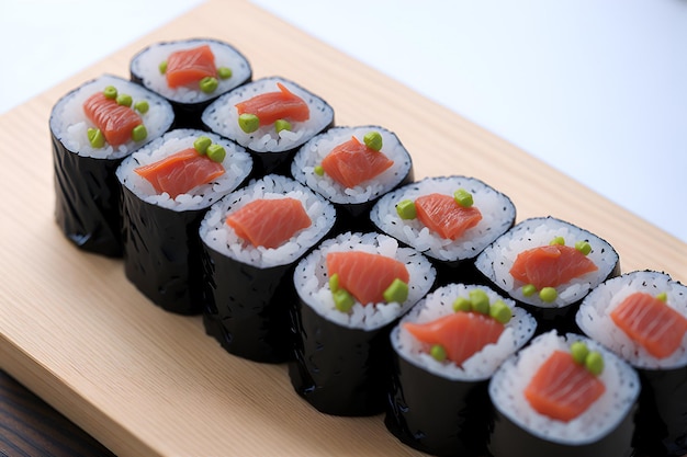 Een close-up van heerlijke sushi met perfect gesneden plakjes en levendige kleuren die een onweerstaanbare oosterse eetervaring garanderen gegenereerd door AI