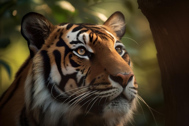 een close-up van het gezicht van een Bengaalse tijger in een bos