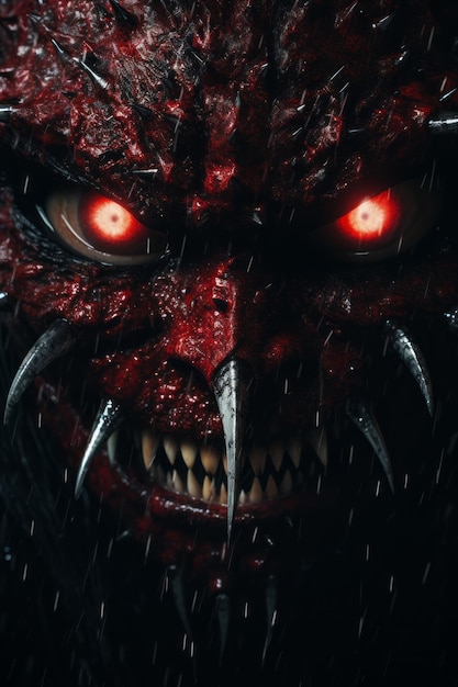 een close-up van het gezicht van een demon met rode ogen
