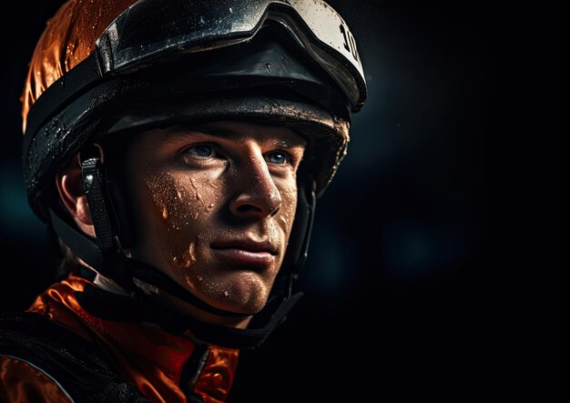 Een close-up van het gezicht van een jockey, vastgelegd tijdens een moment van triomf na het winnen van een race