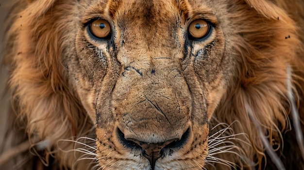 Foto een close-up van het gezicht van een leeuw de leeuw kijkt naar de camera met zijn mond gesloten