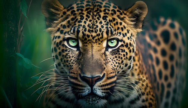 Een close-up van het gezicht van een luipaard met groene ogen