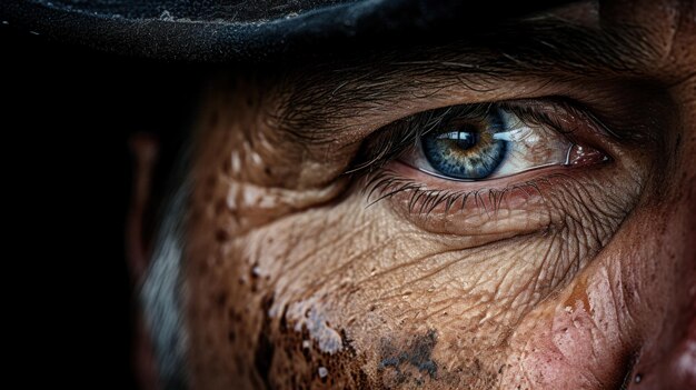 Een close-up van het gezicht van een man met blauwe ogen.