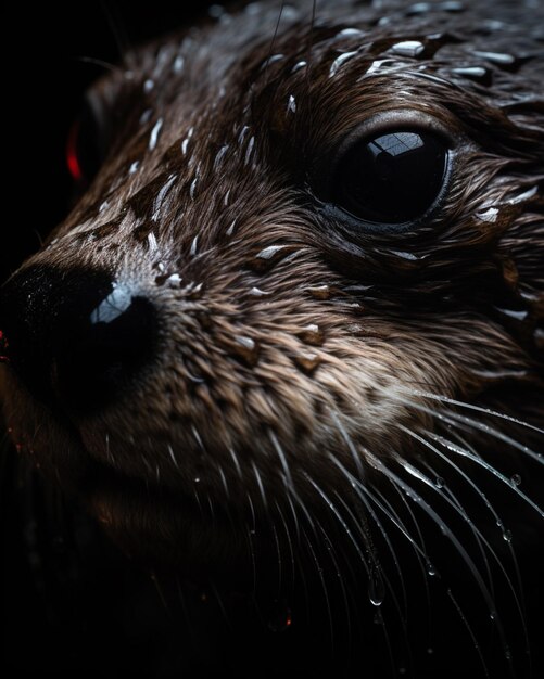 Een close-up van het gezicht van een otter met waterdruppeltjes erop