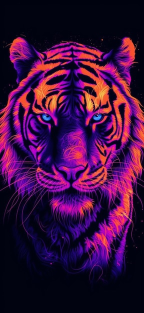 Een close-up van het gezicht van een tijger met heldere paarse en oranje lichten generatieve ai