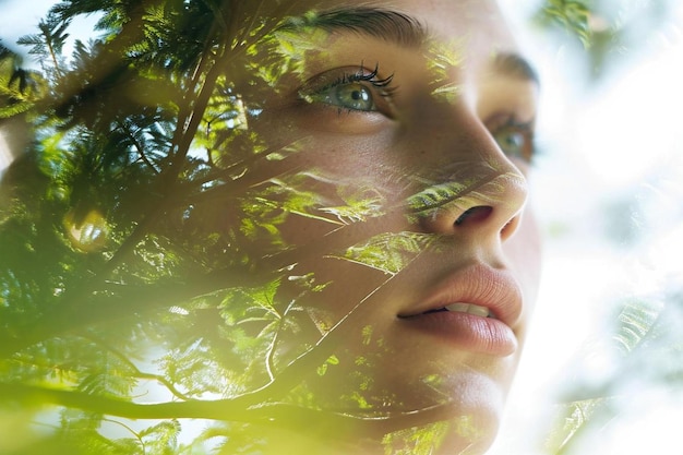 Foto een close-up van het gezicht van een vrouw met bomen op de achtergrond