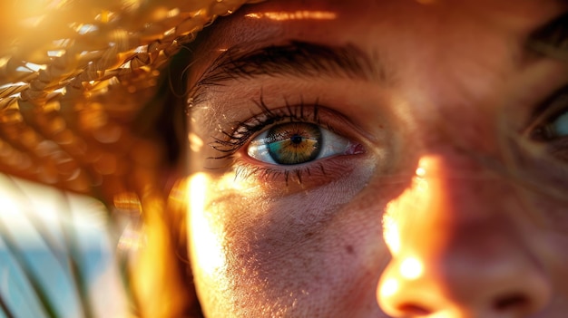 Foto een close-up van het gezicht van een vrouw met de zon die door haar hoed schijnt