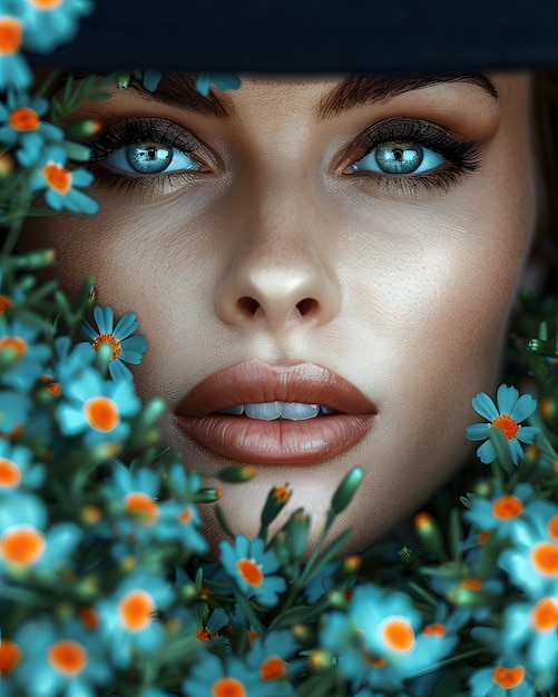 Een close-up van het gezicht van een vrouw omringd door bloemen