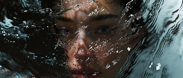 Een close-up van het gezicht van een vrouw ondergedompeld in helder water haar blik door het vloeibare medium