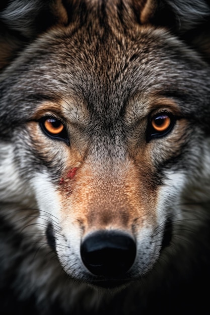 een close-up van het gezicht van een wolf