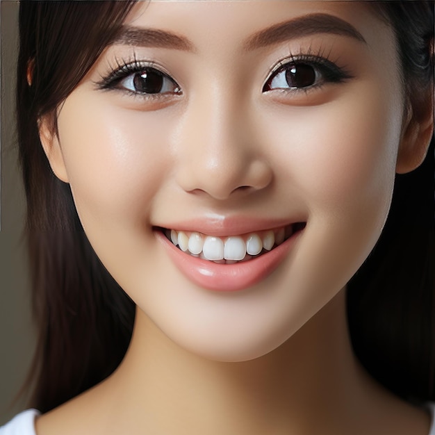 Foto een close-up van het hoofd van een glimlachend aziatisch meisje met prachtige witte en rechte tanden perfect voor adv