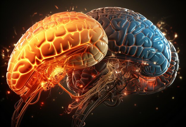 Een close-up van het menselijk brein met actieve neuronen en neurale uitbreidingen