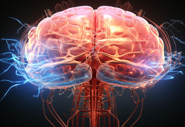 Een close-up van het menselijk brein met actieve neuronen en neurale uitbreidingen