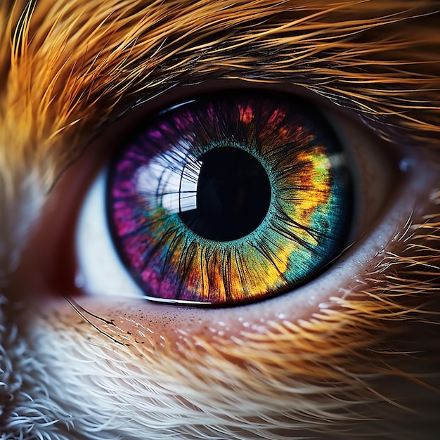 een close-up van het oog van een hond met een regenboogkleurige iris.