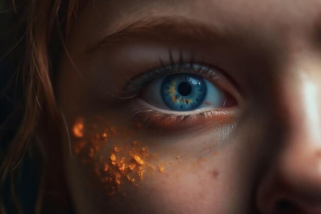 Een close-up van het oog van een kind met oranje glitters op de ogen.