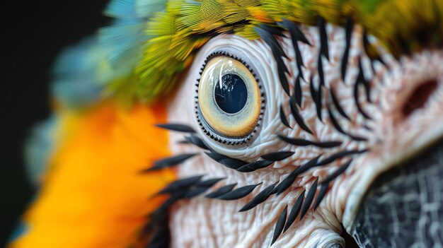 Een close-up van het oog van een papegaai Het oog is omringd door kleurrijke veren De papegaai kijkt naar de camera