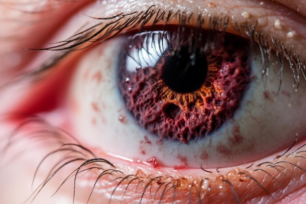 een close-up van het oog van een persoon met bloed erop