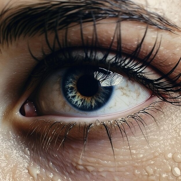 een close-up van het oog van een persoon met een blauw oog en een witte wenkbrauw.