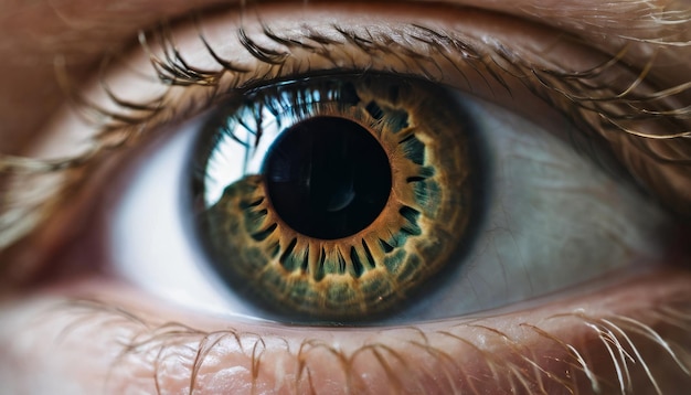 Een close-up van het oog van een persoon met een bruine iris