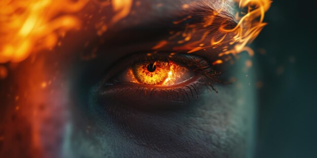 Foto een close-up van het oog van een persoon met vlammen op de achtergrond deze boeiende afbeelding kan intensiteit en drama toevoegen aan verschillende projecten