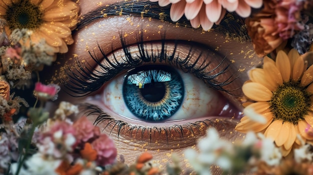 Een close-up van het oog van een persoon omringd door bloemen generatief ai-beeld