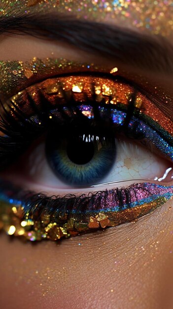 een close-up van het oog van een vrouw met een kleurrijk oog beschilderd met glitters.