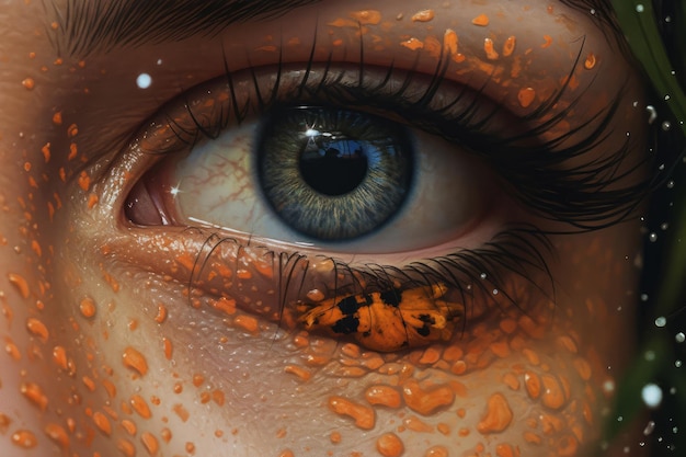 Een close-up van het oog van een vrouw met een oranje en gele huid.