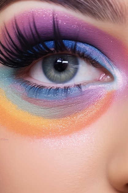 Een close-up van het oog van een vrouw met een regenboogkleurige oogmake-up.